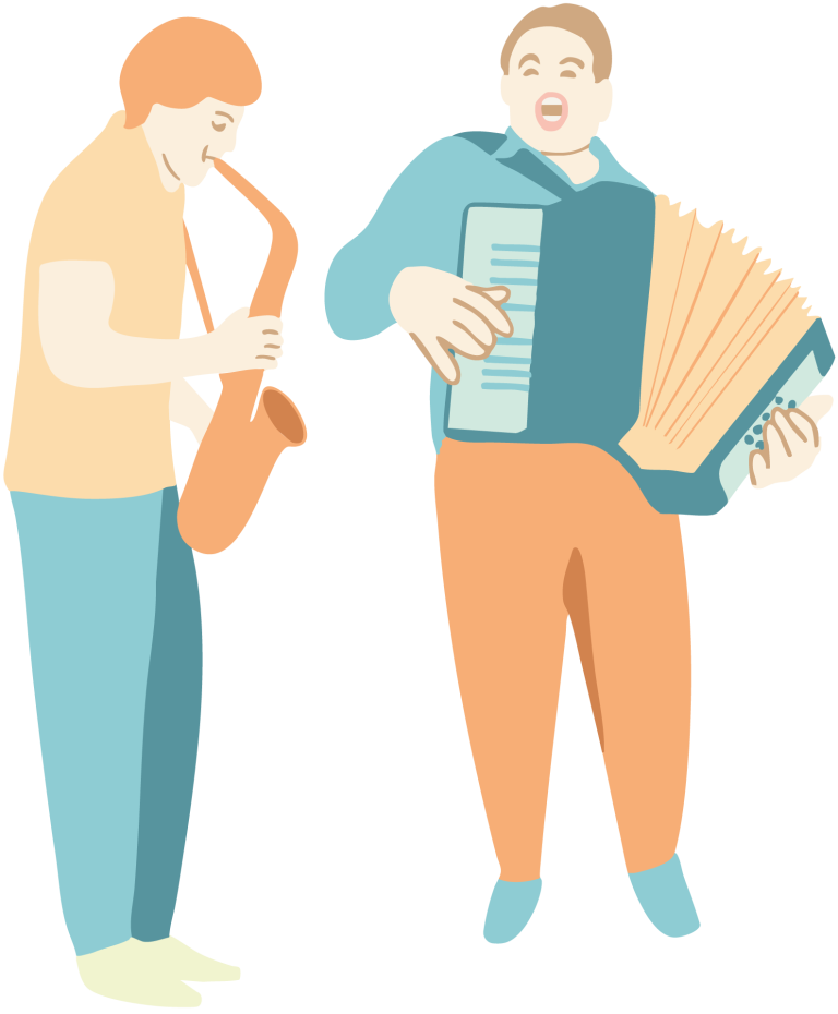 Piirroskuva saksofonin soittajasta ja laulavasta haitarin soittajasta.