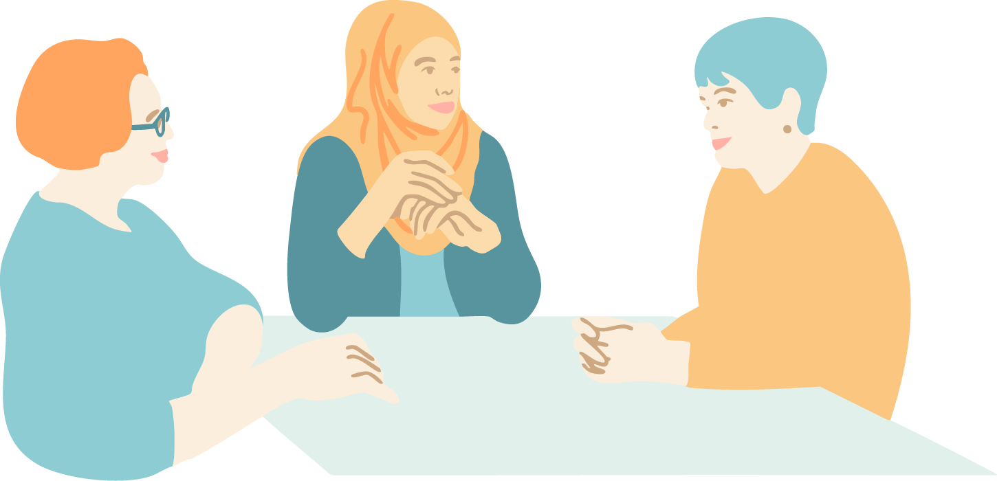 Drawing of three women sitting at a table talking.